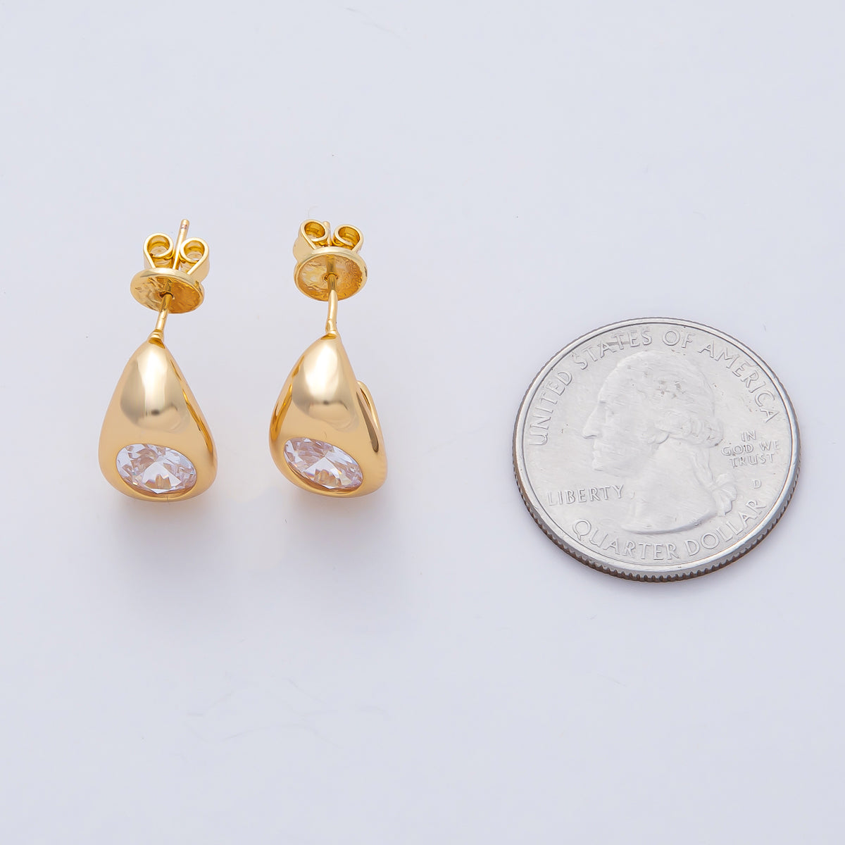 18K Gold Filled 16mm Clear CZ Oval Dome J-Shaped Hoop Earrings | AD1662