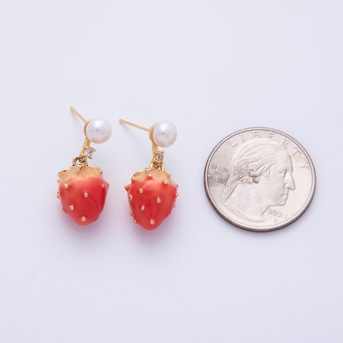 14K Gold Filled 24.5mm Strawberry Enamel Shell Pearl Drop Stud Earrings | Earrings-020013