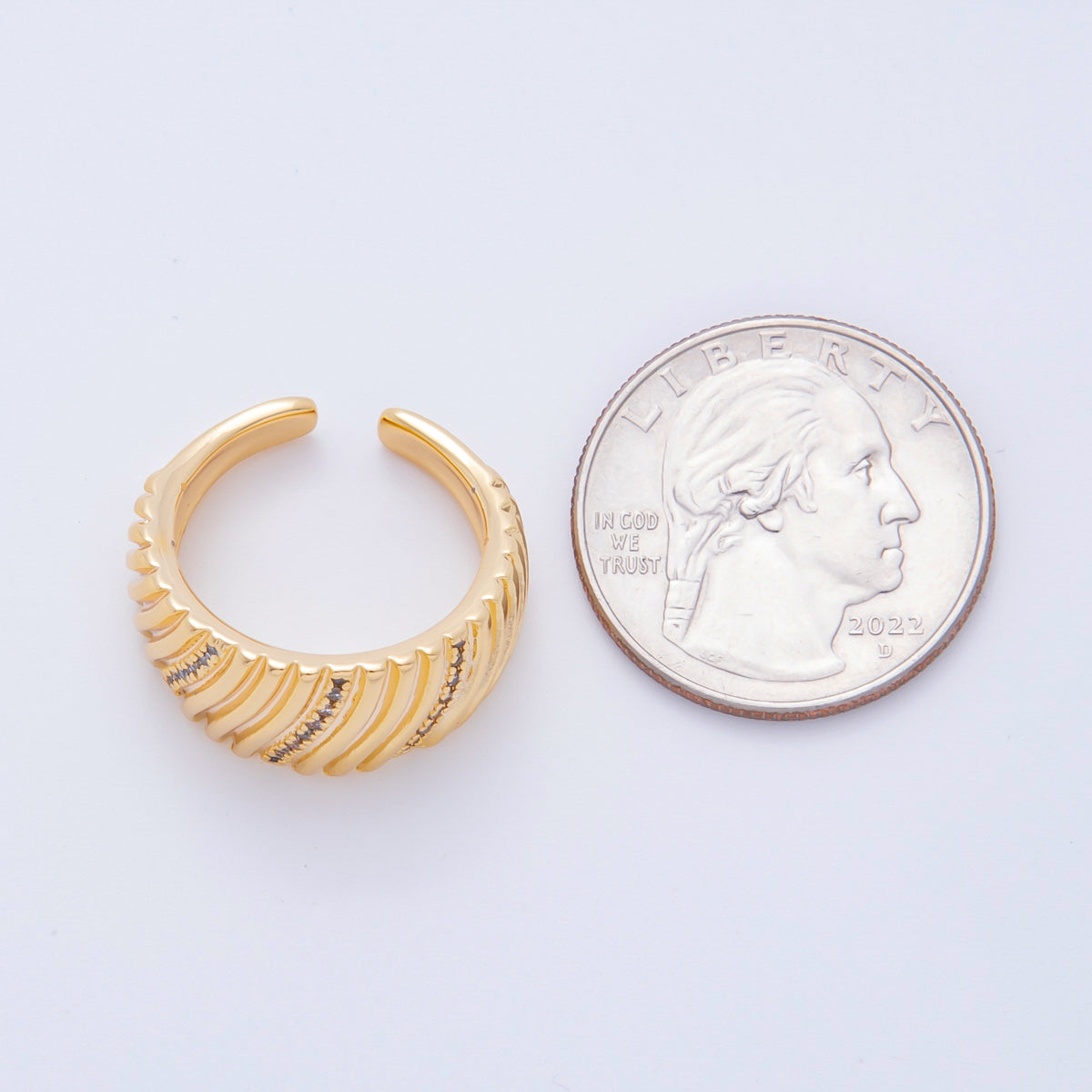 18K Gold Filled Micro Paved CZ Ribbed Line-Textured Wide Dome Ring | O485