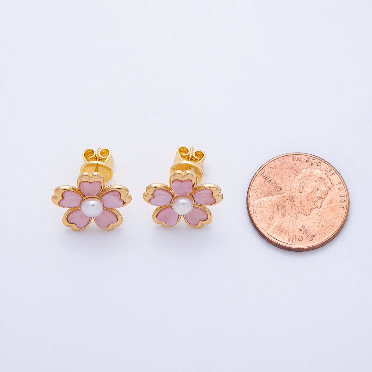 18K Gold Filled 16mm Shell Pearl Pink Flower Stud Earrings | AE828
