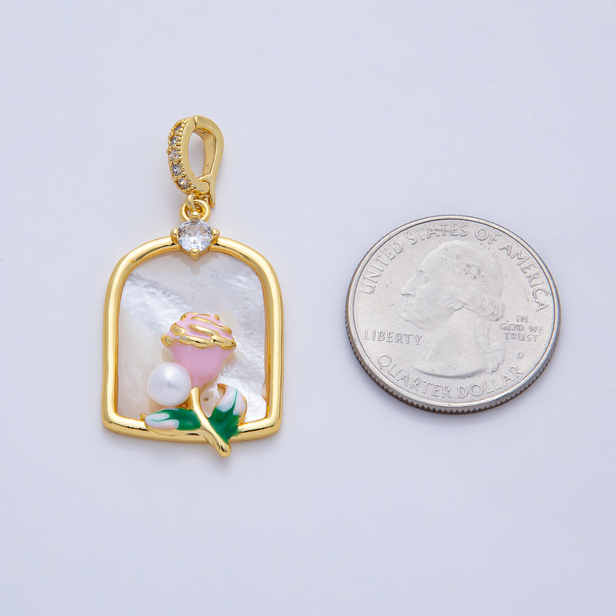 18K Gold Filled 31mm Pink Blooming Rose Flower White Shell Pearl Window Frame Pendant Charm | AF1196