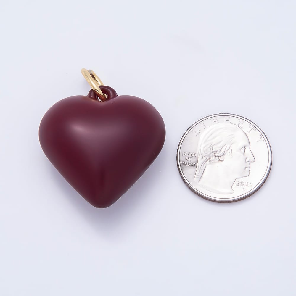 AUNTUMN FALL 18K Gold Filled 34mm Burgundy Red Enamel Resin Chubby Heart Charm | Charms-02396