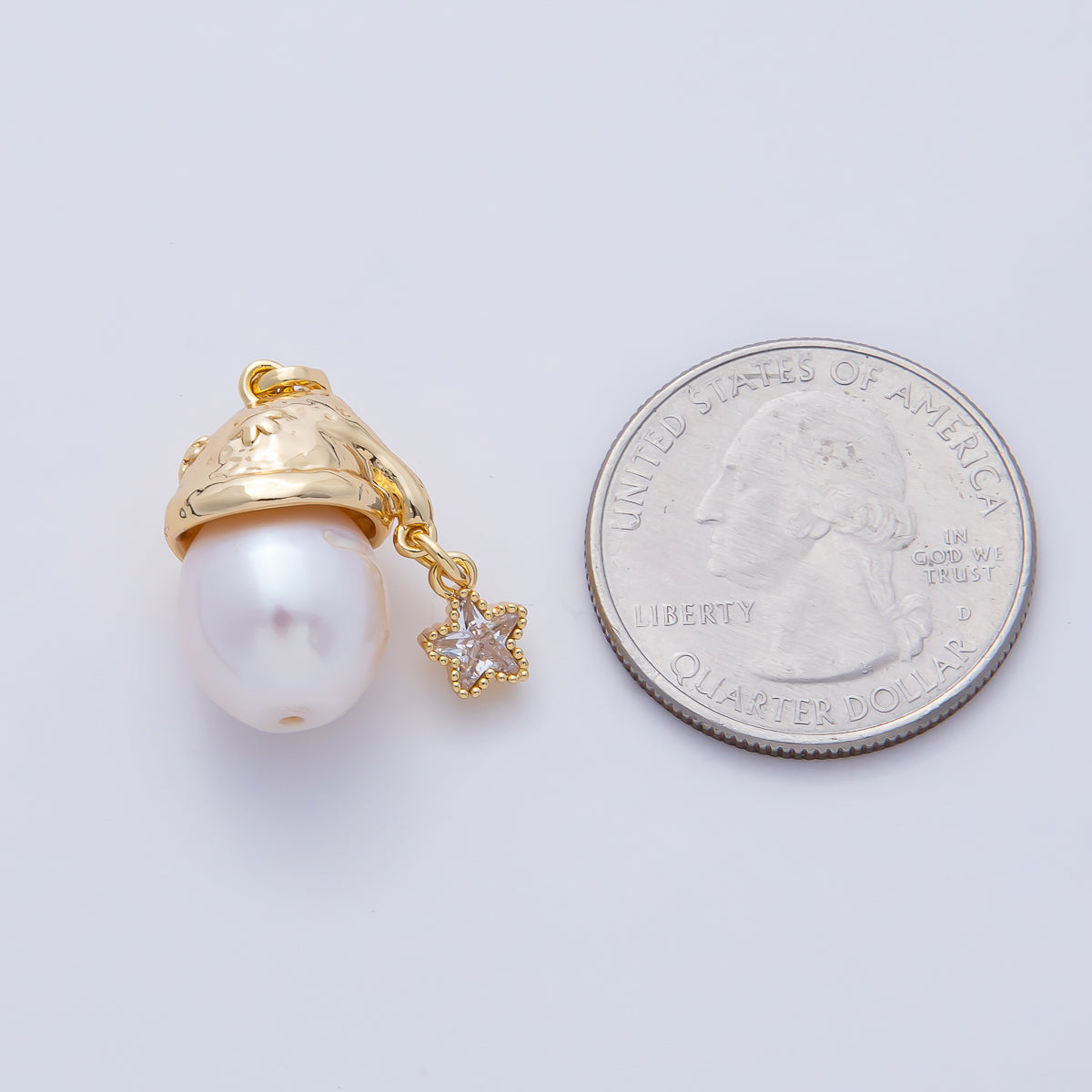 18K Gold Filled Shell Pearl Molten Cap Star CZ Drop Charm | AF638
