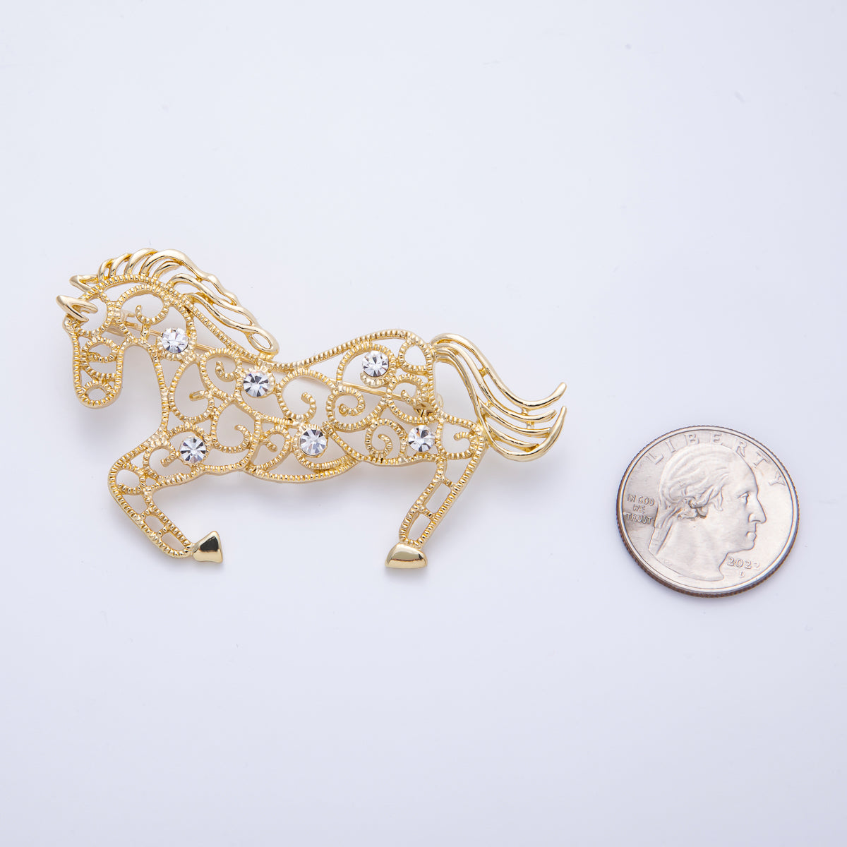 Gold 70mm x 42mm Clear CZ Horse Animal Pin Brooch | BH-021