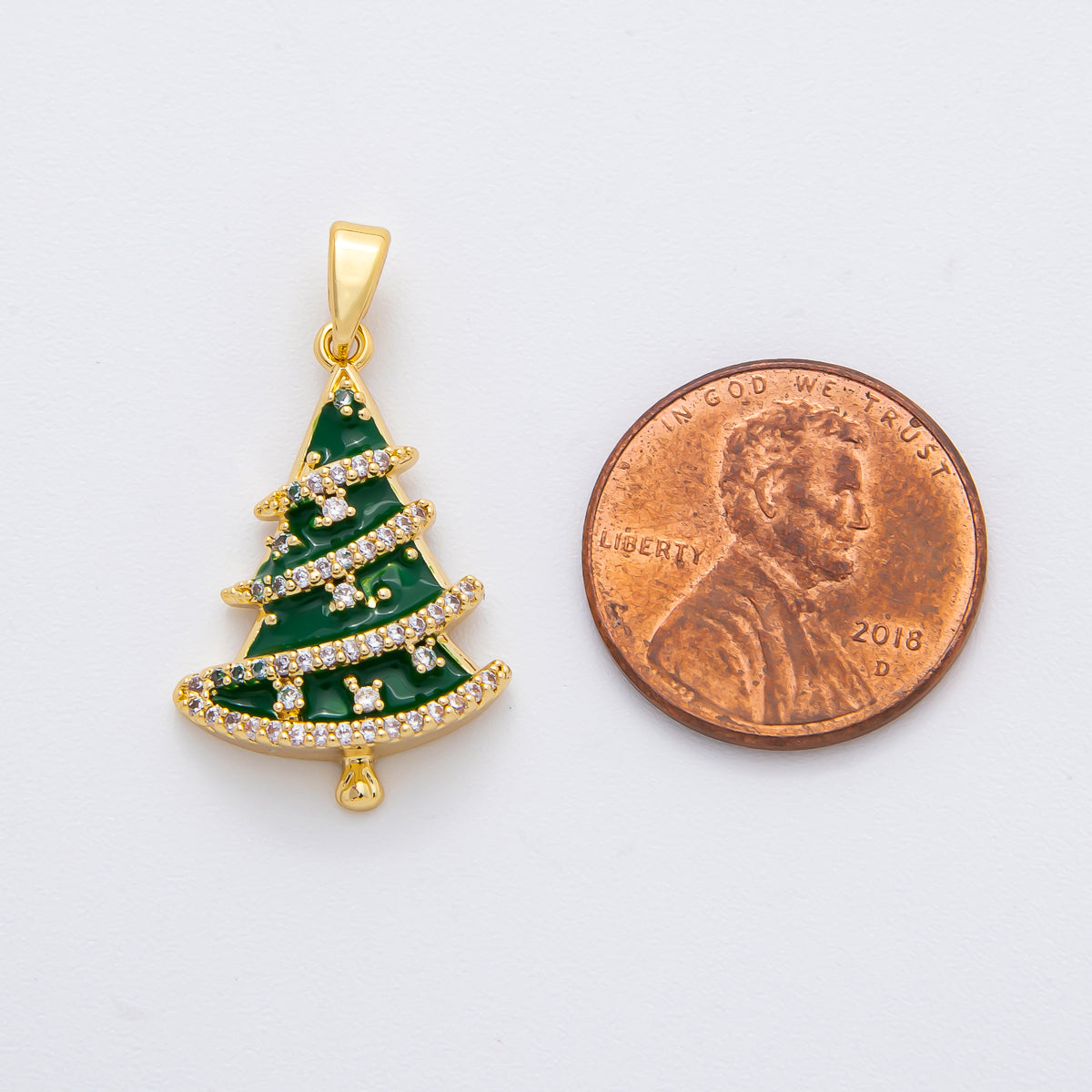 18K Gold Filled 28.5mm Micro Paved CZ Enamel Green Christmas Tree Holiday Pendant | AF1137