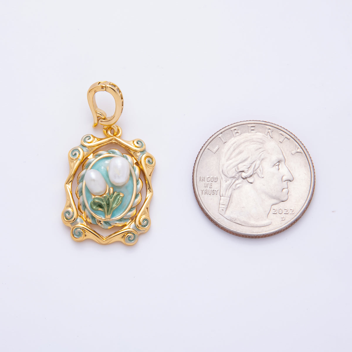 18K Gold Filled 34mm Shell Pearl Blue Enamel Flower Artisan Snap Drop Bail Pendant | AH811