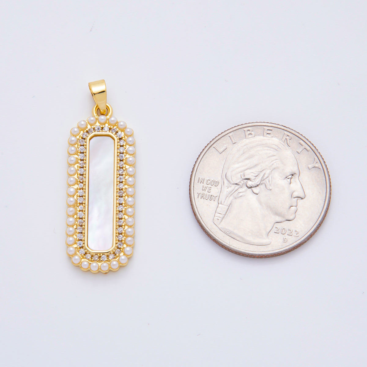 18K Gold Filled 35mm Micro Paved CZ Shell Pearl Long Bar Charm | AF1114