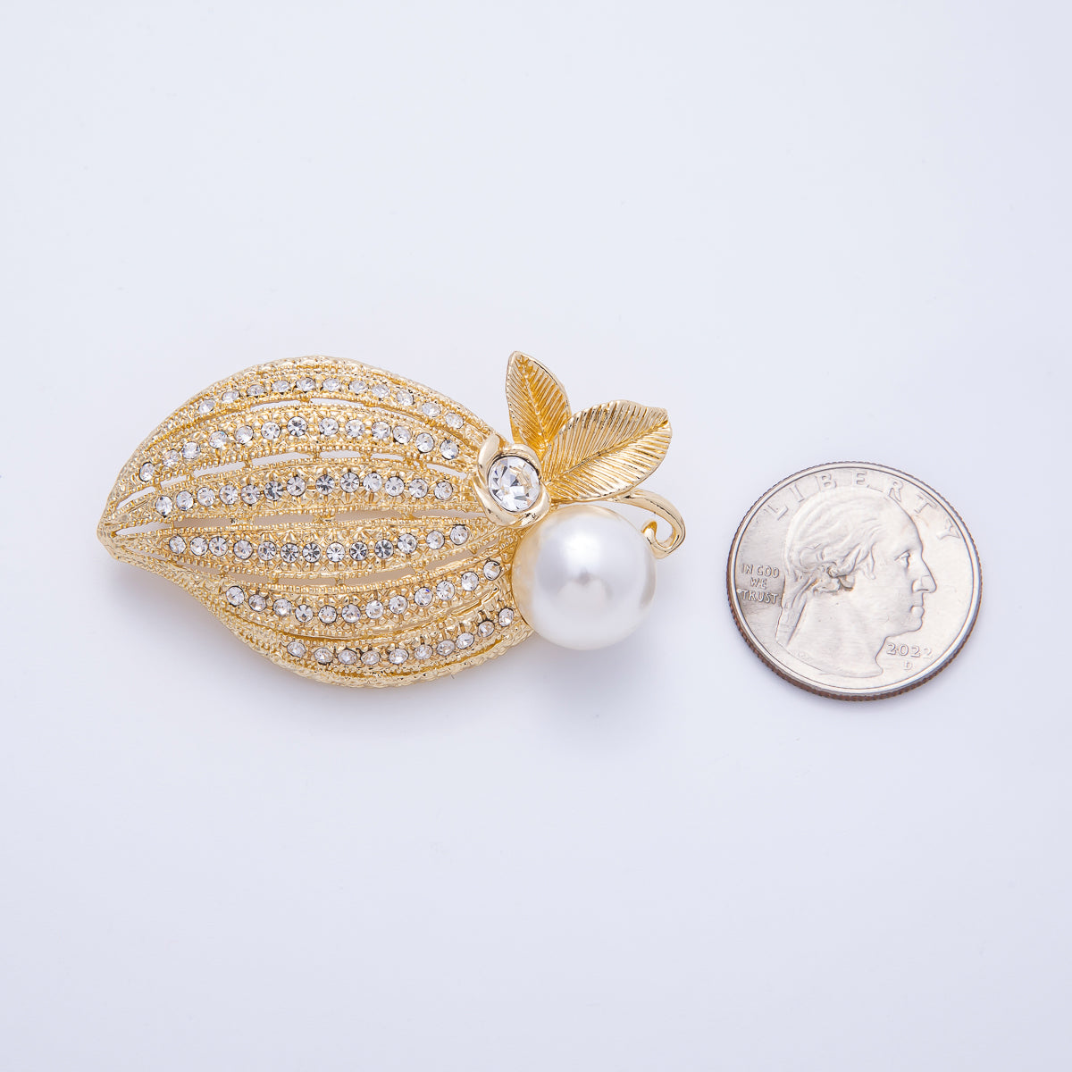 Gold 55.5mm x 32mm Acrylic Pearl Leaf Flower Nature Pin Brooch | BH-031