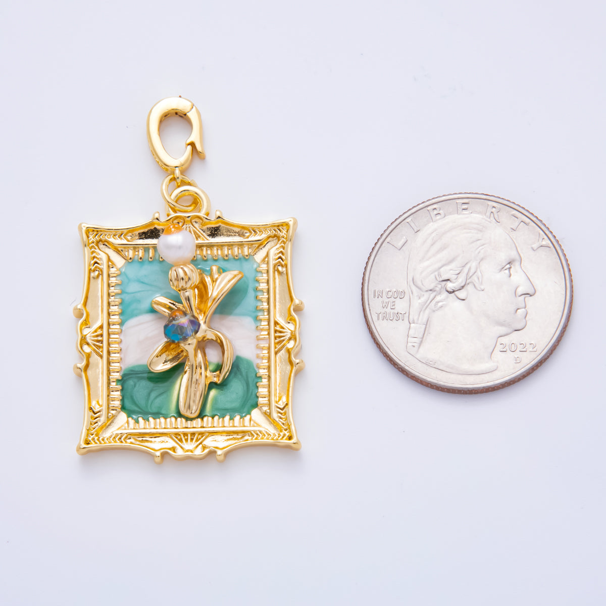 18K Gold Filled 45mm Shell Pearl Blue Enamel Flower Artisan Painting Snap Drop Bail Pendant | AH814