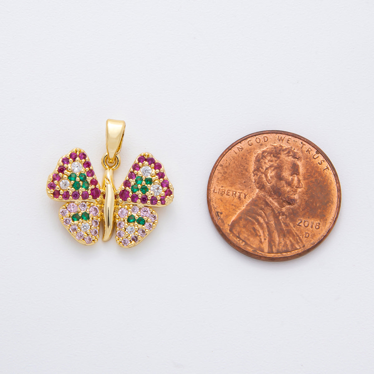 18K Gold Filled 18mm Fuchsia & Green Micro Paved CZ Butterfly Mariposa Pendant | AF-A1132