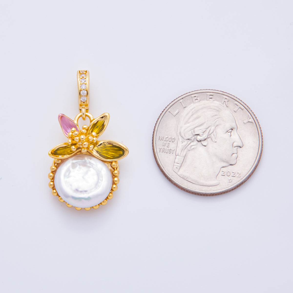 18K Gold Filled Multicolor CZ Freshwater Pearl Round Flower Pendant | AH00809