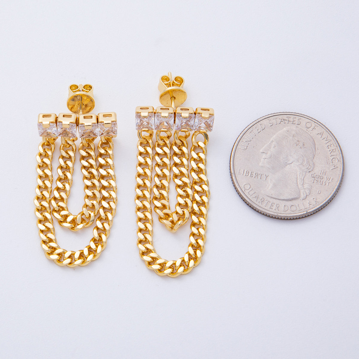 18K Gold Filled 40mm Clear Baguette CZ Curb Chain Drop Stud Earrings | T119