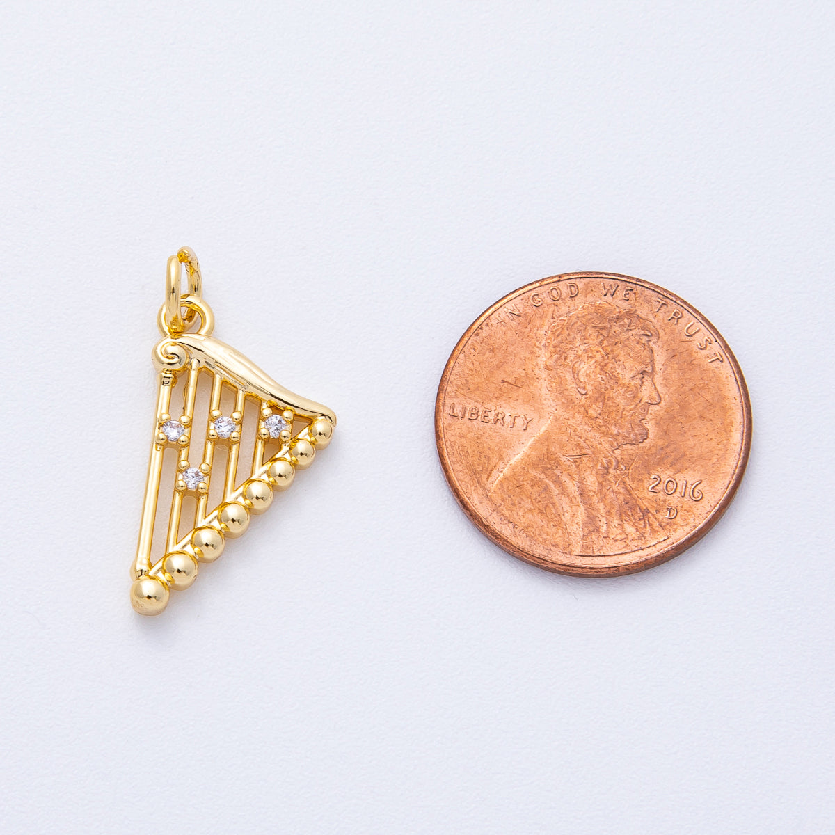 18K Gold Filled 19mm Clear CZ Harp Musical Instrument Charm | AK116