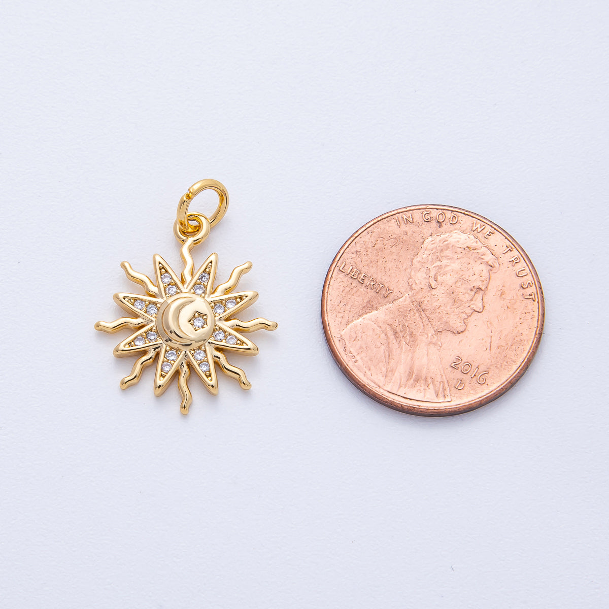 18K Gold Filled 18mm Clear Micro Paved CZ Celestial Crescent Moon Star Sun Ray Charm | AK164
