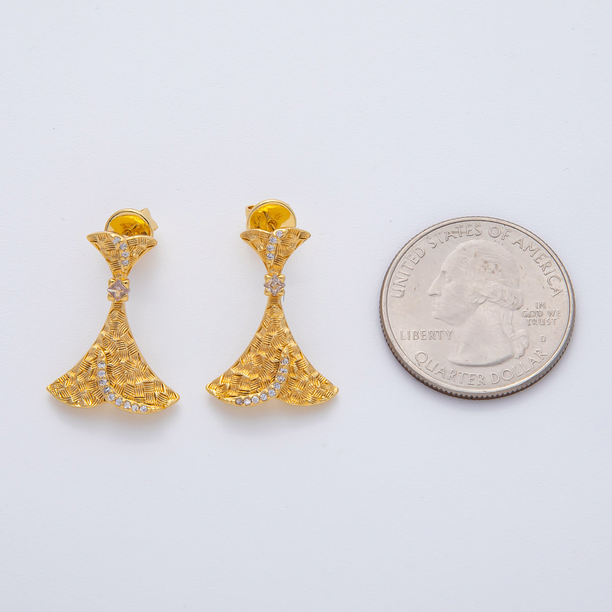 18K Gold Filled 22mm Micro Paved CZ Line-Textured Curved Geometric Drop Stud Earrings | AD1608