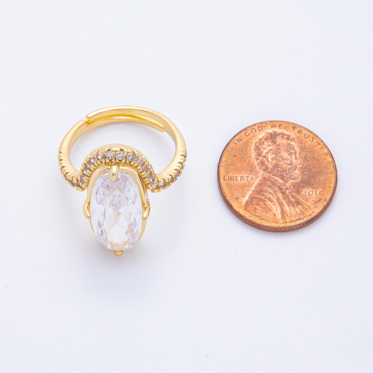 18K Gold Filled Clear Oval Micro Paved CZ Solitaire Band Adjustable Ring | O006