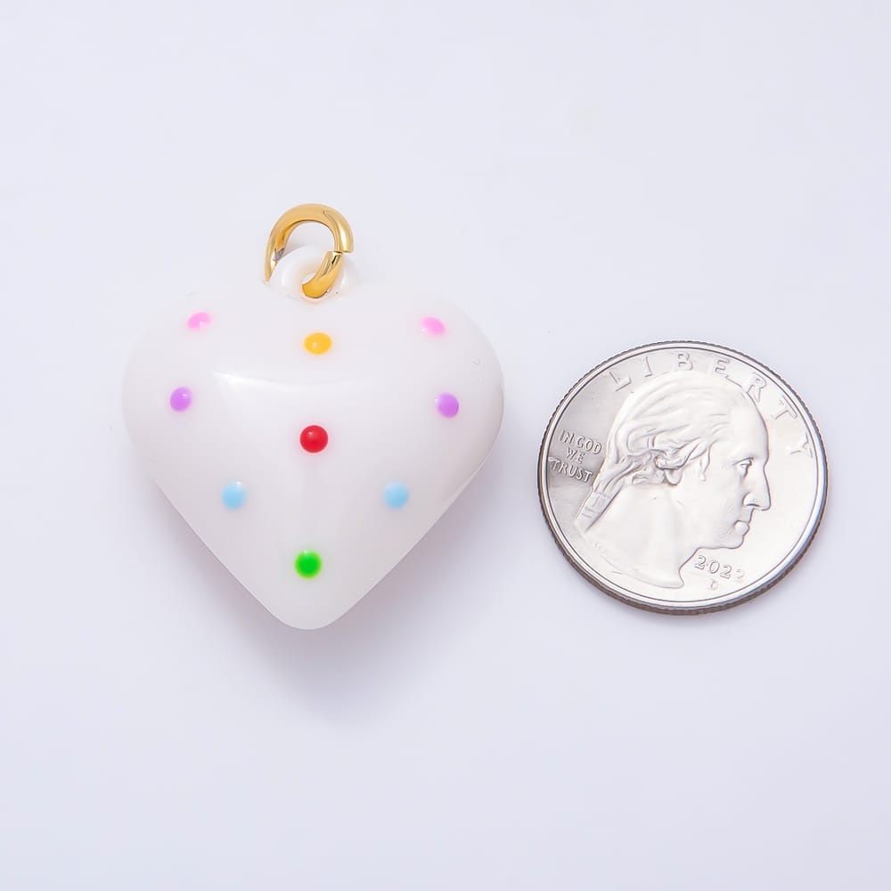 18K Gold Filled 35mm Multicolor Polka Dotted White Enamel Resin Chubby Heart Charm | Charms-02383