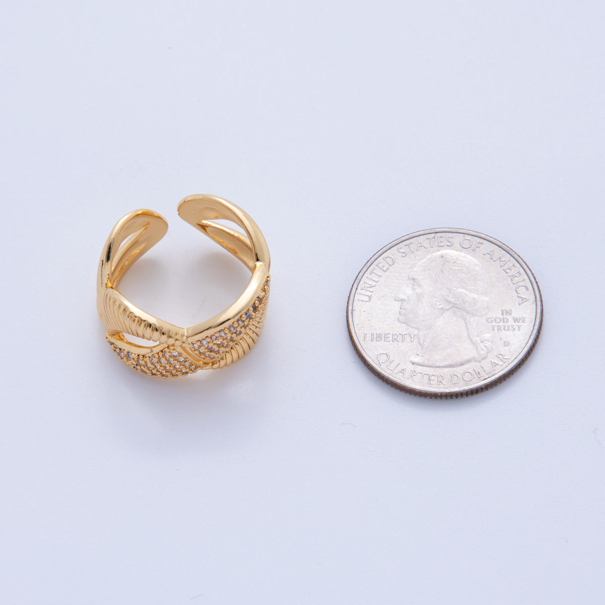 18K Gold Filled Micro Paved CZ Ribbed Geometric Crossed Band Ring | O2020