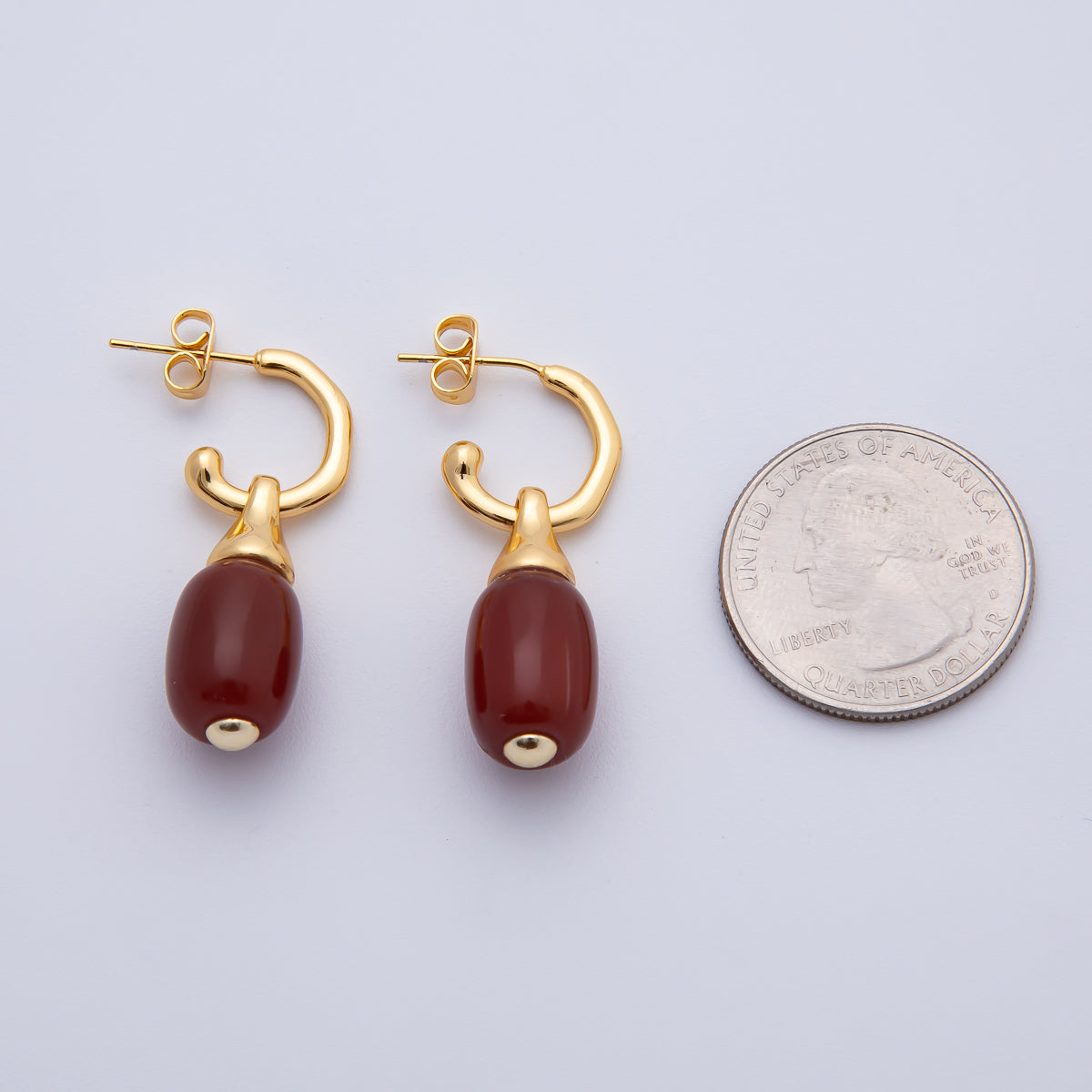 18K Gold Filled 35.5mm Bloody Red Gemstone Oval Drop C-Shaped Hoop Earrings | AD1586