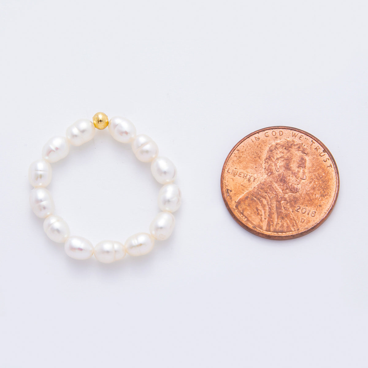 18K Gold Filled Freshwater Pearl Round Beads Handmade Stretch Ring | O061