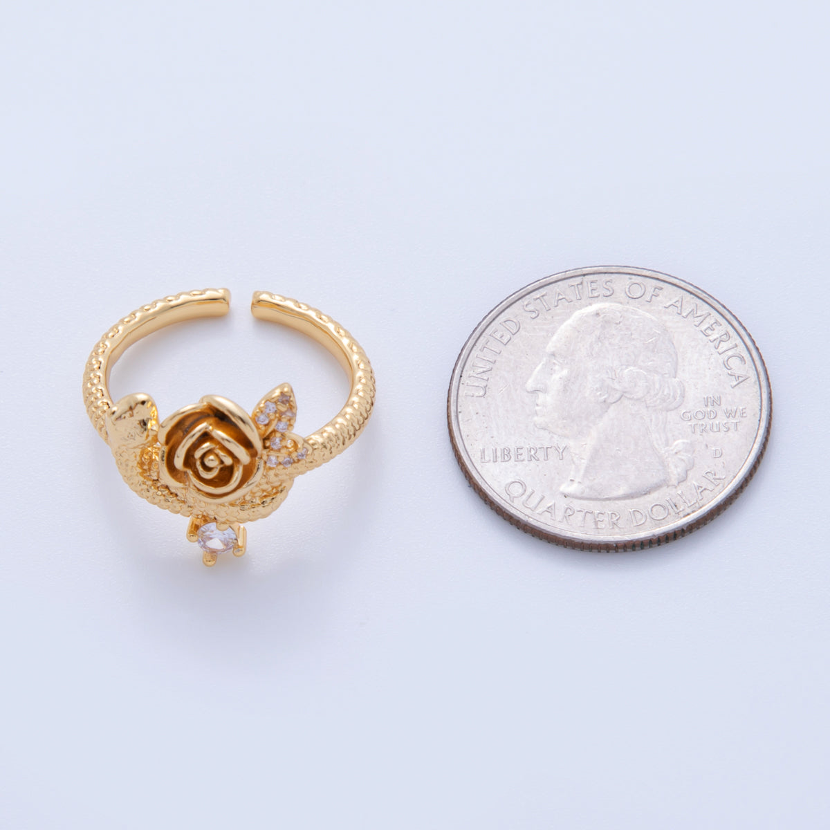 18K Gold Filled CZ Rose Flower Hammered Textured Ring | O2023