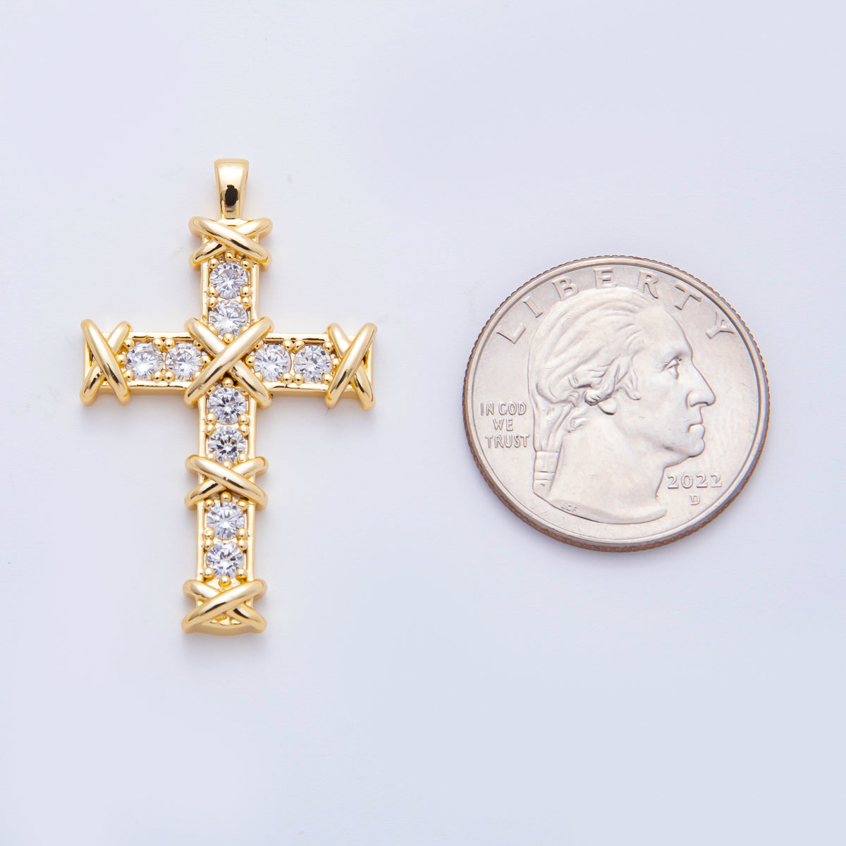 18K Gold Filled 29mm Micro Paved CZ Religious Christian Cross Charm | N655