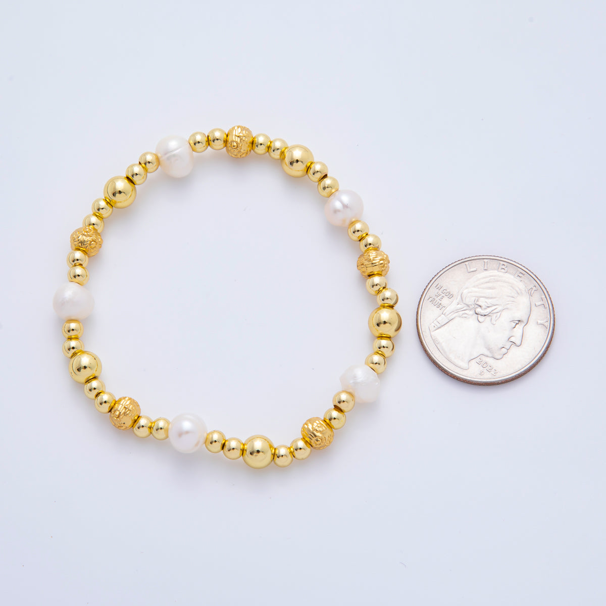 18K Gold Filled Freshwater Pearl Stretch Textured Bead Bracelet | WA-3505 ~ WA-3516