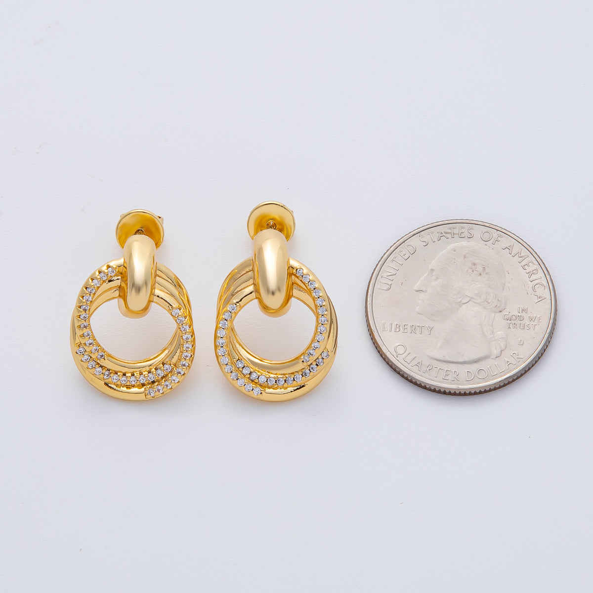 18K Gold Filled 21mm Micro Paved CZ Circular Doorknocker Drop Stud Earrings | AD1632