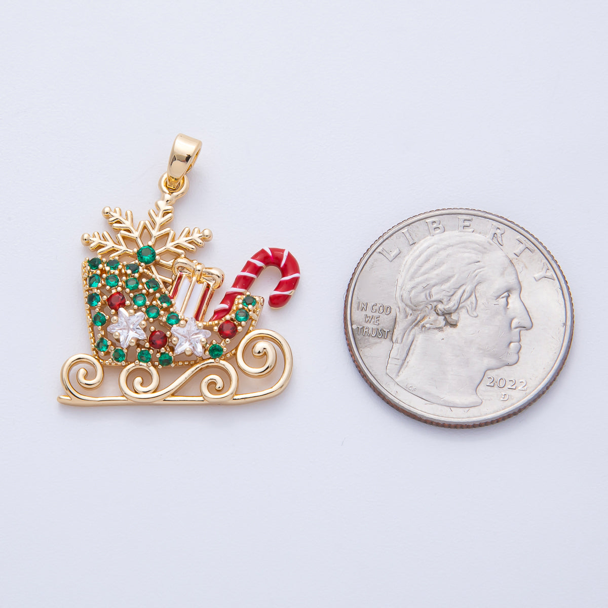 18K Gold Filled 25.5mm Christmas Sled Presents Candy Cane Snow Holiday Pendant | H030