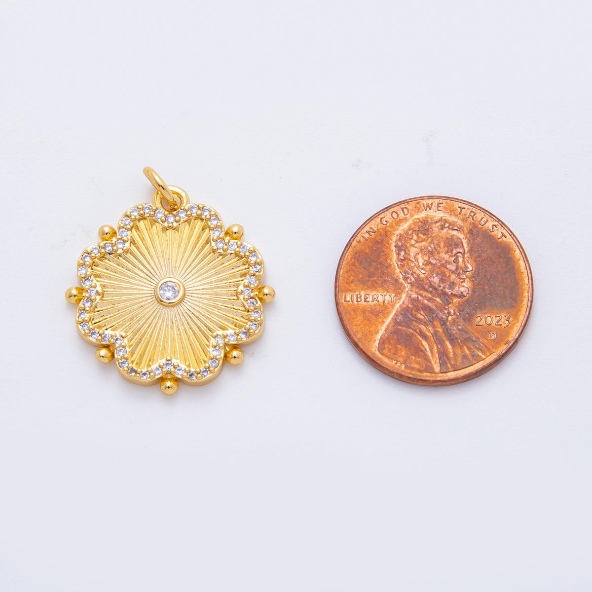 18K Gold Filled 25mm Round CZ SunBurst Bloom Clover Flower Charm | N611