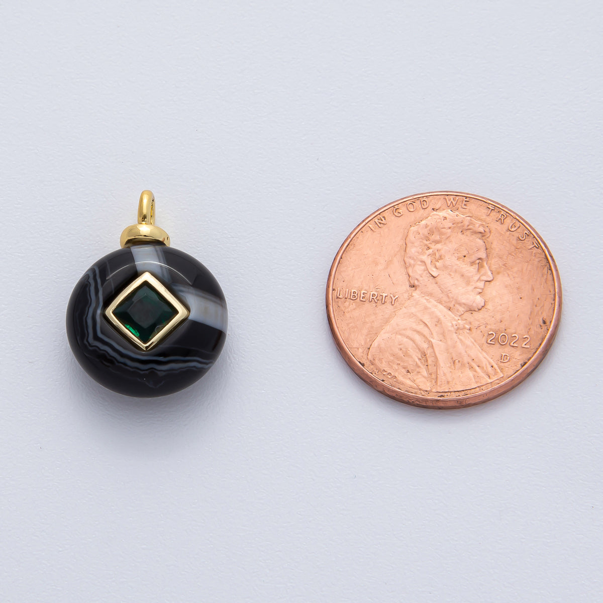 18K Gold Filled 18mm Black Agate with Emerald Green CZ Round Natural Gemstone Pendant | AF1449