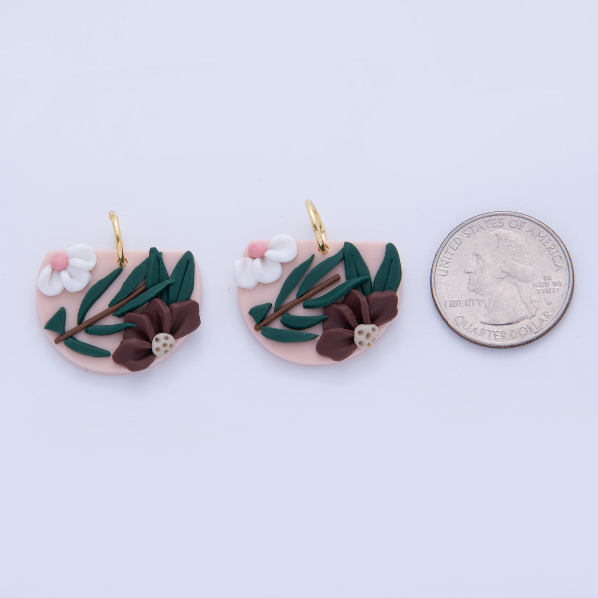 18K Gold Filled Brown White Flower Pink Polymer Clay Charm | AF368