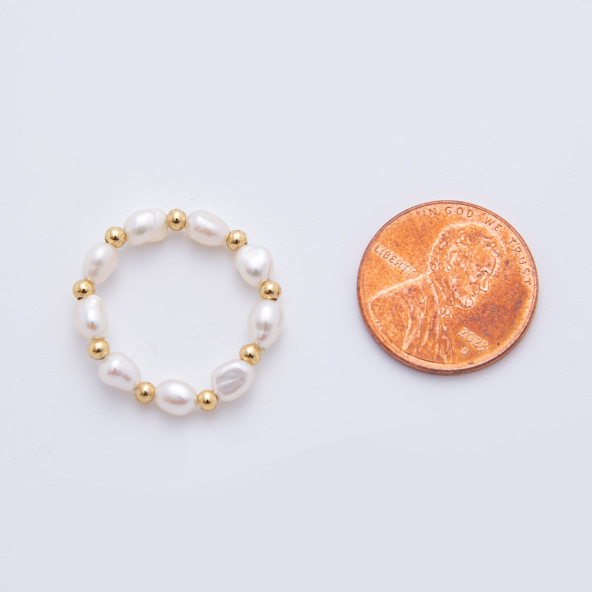 18K Gold Filled Beaded Freshwater Pearl Handmade Stretch Ring | O062