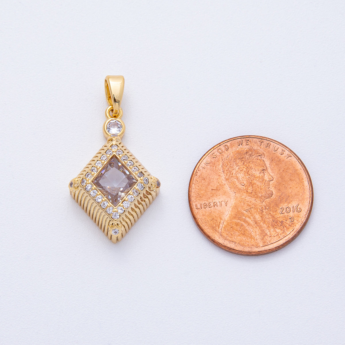 18K Gold Filled 22mm Clear CZ Micro Paved Ribbed Rhombus Pendant | AF1228