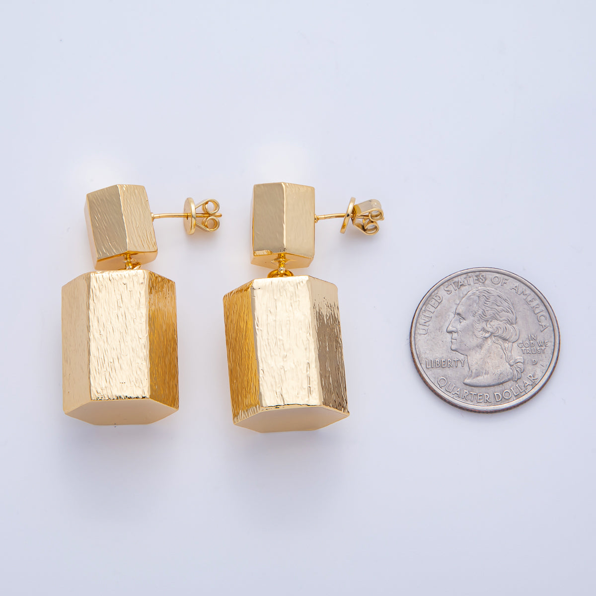 18K Gold Filled 38mm Textured Octagonal Tube Geometric Drop Stud Earrings | T491