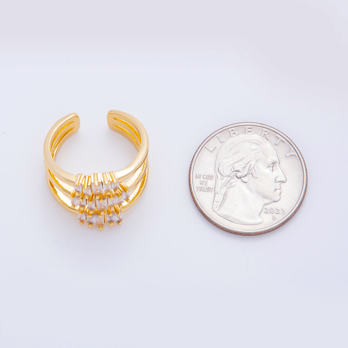 18K Gold Filled Triple-Layered Baguette CZ Crown Triple Band Open Ring | O639