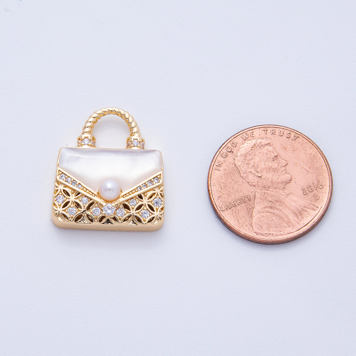18K Gold Filled 19mm White, Pink Shell Pearl Micro Paved CZ Top Handle Bag Pendant | AK153