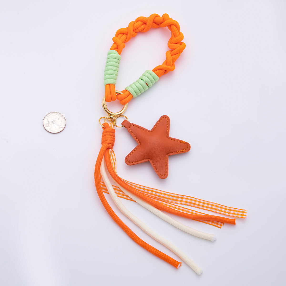 Orange Leather Shooting Star Keychain Handmade Bag Charm Cute Leather Tassel Tote Accessory WB-00105