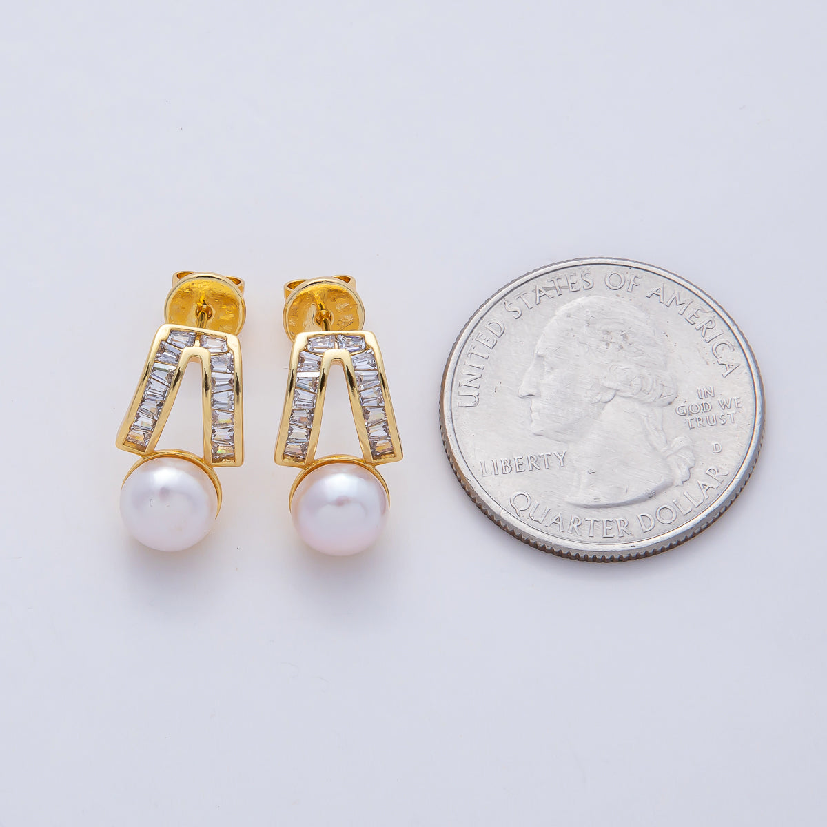 18K Gold Filled Clear CZ White and Pink Shell Pearl Geometric Baguette Upside Down V Shaped Stud Earrings | AD1640 AD1641
