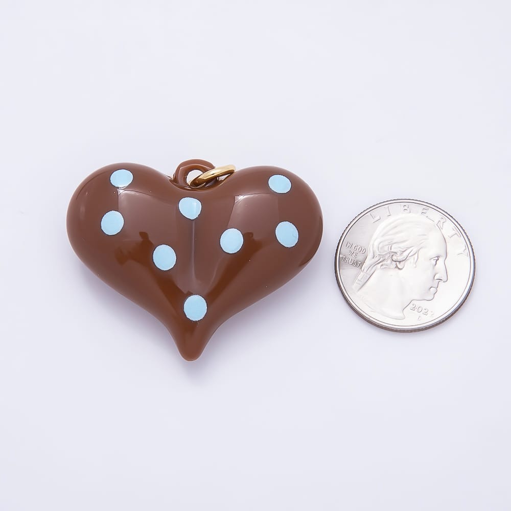 AUNTUMN FALL 18K Gold Filled 35mm Brown, Blue Polka Dotted Enamel Resin Chubby Heart Charm | Charms-02384 Charms-02385