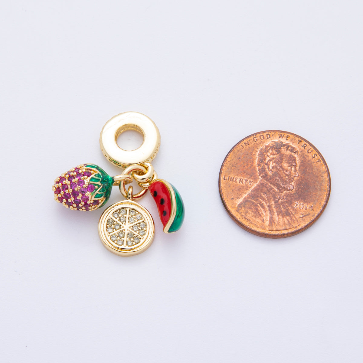 18K Gold Filled Micro Paved CZ Enamel Fruit Strawberry Watermelon Lemon Rondelle Drop Charm | E693