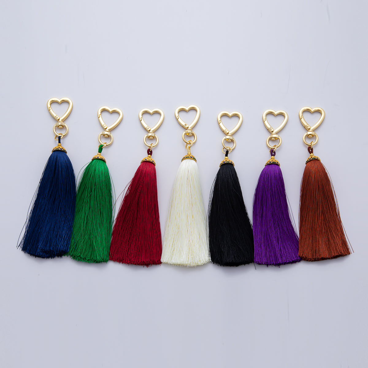 18K Gold Filled Blue, Black, Red, Purple, Green, Brown, White Tassel Heart Push Gate Keychain Fringe Accessories | WB-00213 ~ WB-00219