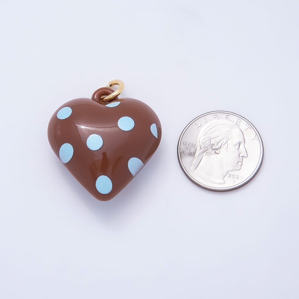 AUNTUMN FALL 18K Gold Filled 35mm Blue Polka Dotted Red Enamel Resin Chubby Heart Charm | Charms-02382