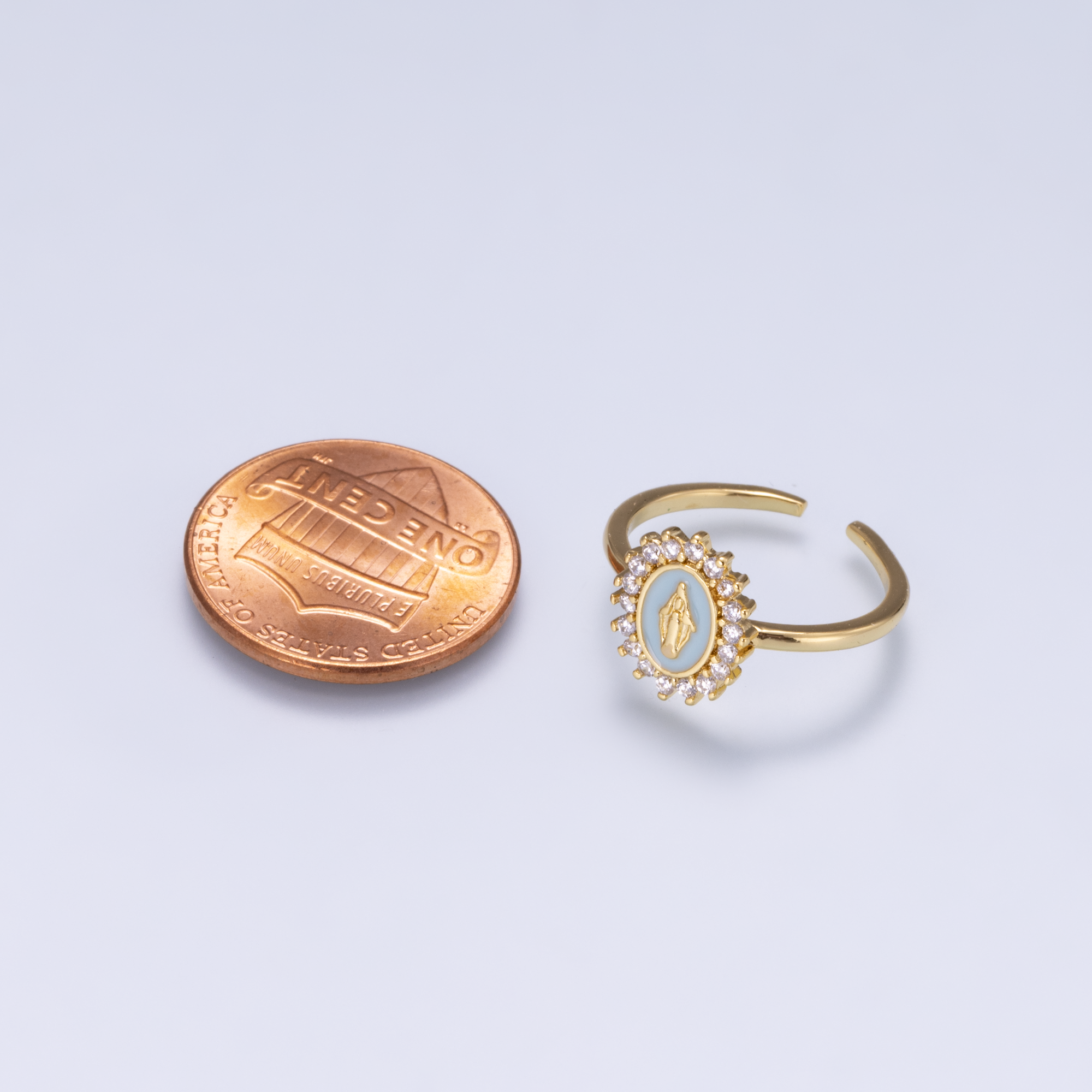 18K Gold Filled CZ Blue Enamel Mother Mary Oval Ring | Rings-00269