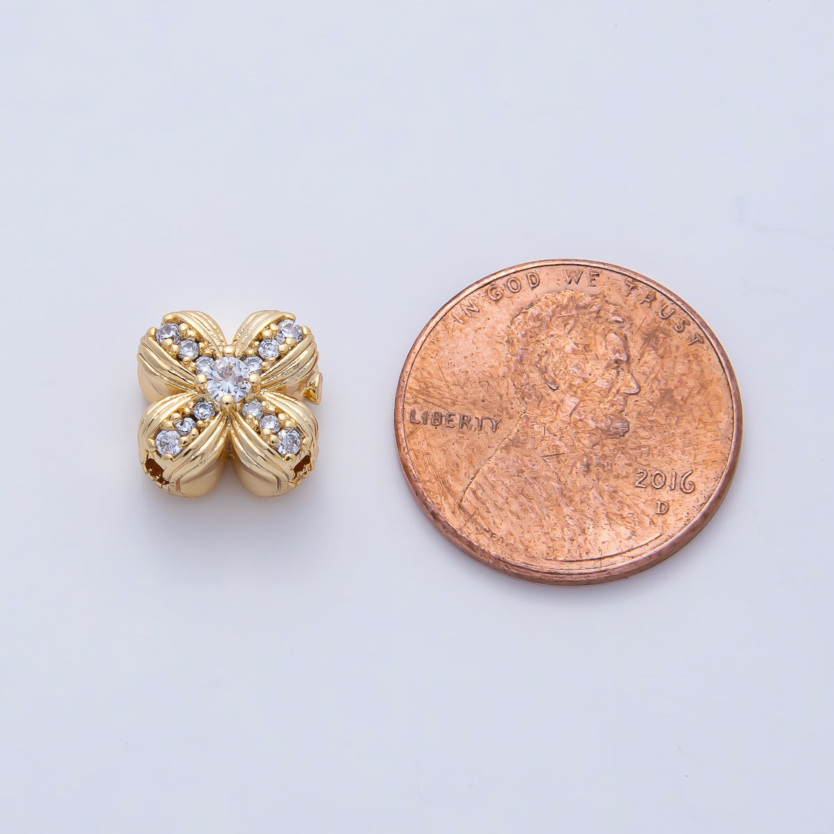 18K Gold Filled 11.5mm Micro Paved CZ Ribbed Quatrefoil Flower Bead | B535