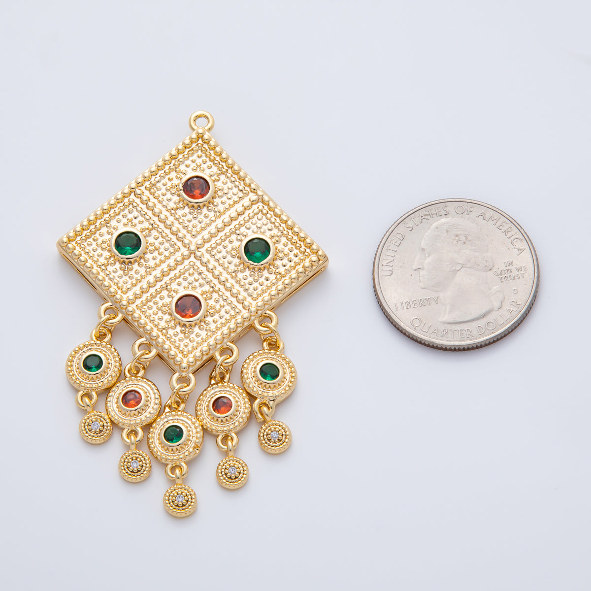18K Gold Filled 64mm Multicolor CZ Artisan Dotted Rhombus Round Drop Charm | AF1417