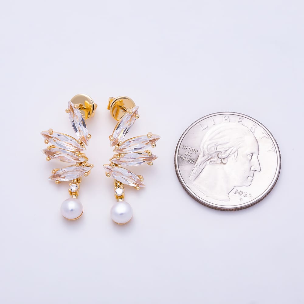 16K Gold Filled 28mm Shell Pearl Marquise Clear CZ Half Floral Cluster Stud Earrings | Earrings-01027