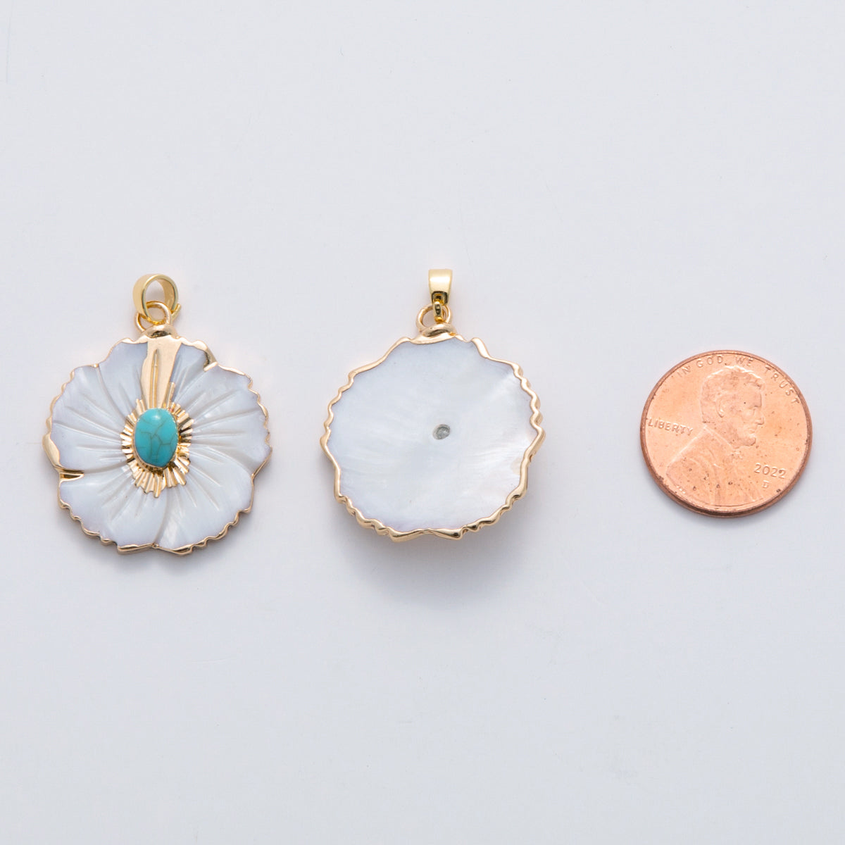 18k gold filled Hibiscus flower Pearl Floral Charm pendant with Turquoise Stone | AH-698