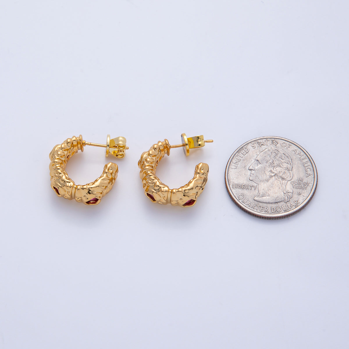 18K Gold Filled 20mm Fuchsia, Clear CZ Hammered Molten C-Shaped Hoop Earrings | AE623 AE624