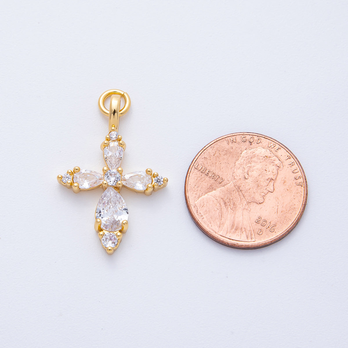 18K Gold Filled 26mm Clear CZ Teardrop Religious Passion Cross Charm | AK199